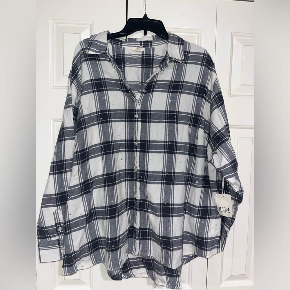 a.n.a Women's Bejeweled Long Sleeve Flannel Shirt Size 0X
